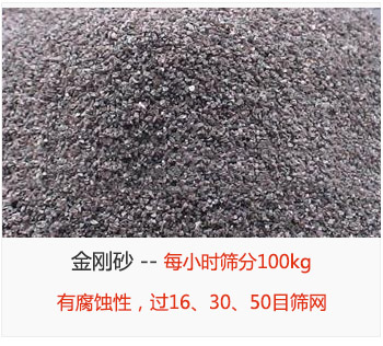 篩分金剛砂每小時(shí)100kg，有腐蝕性，過16、30、50目篩網(wǎng)