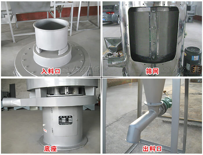 氣流篩部件展示：入料口，篩網(wǎng)，底座，出料口等。