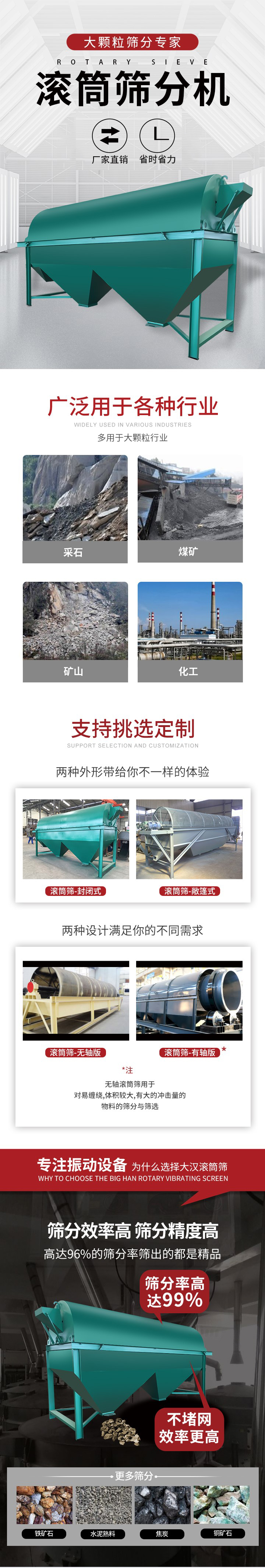 滾筒篩分機大顆粒篩分專家：廠家直銷，省時省力。滾筒篩被廣泛應(yīng)用各種行業(yè)：多用于大顆粒行業(yè)例如：采石，煤礦，礦山，化工等。滾筒篩定制類型有哪些：封閉式與敞篷式產(chǎn)品結(jié)構(gòu)分為：無軸式，有軸式兩種，無軸滾筒篩用于對纏繞，體積較大，有大的沖擊量的物料的篩分與篩選。滾筒篩篩分效率高篩分精度能夠達(dá)到：96%也比較適用于鐵礦石，水泥熟料，焦炭，銅礦石。滾筒篩特點：不飛粉末：密封隔離罩，密封性好，工作過程不會出現(xiàn)飛粉現(xiàn)象。外型尺寸是按筒體長計