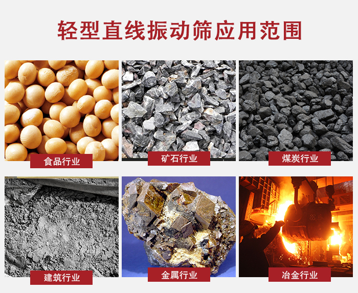 輕型直線振動篩應(yīng)用范圍較廣多使用與顆粒狀，粉狀以及其它重型行業(yè)的輸送。