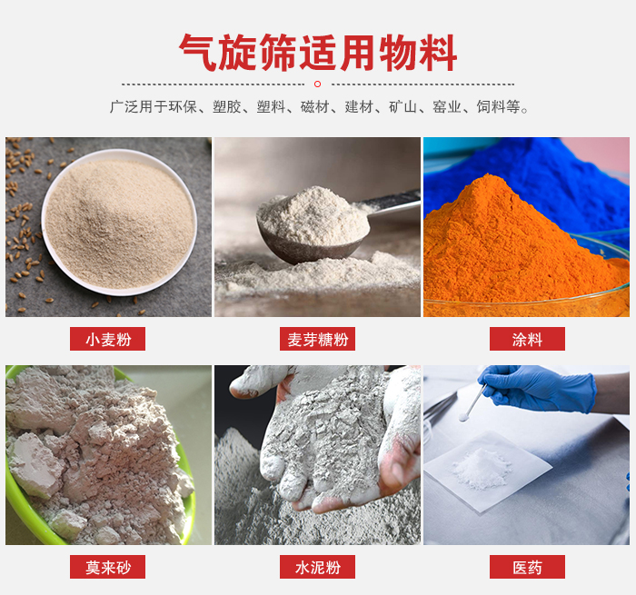 氣旋篩適用物料：小麥粉，麥芽糖粉，涂料，等粉狀物料。