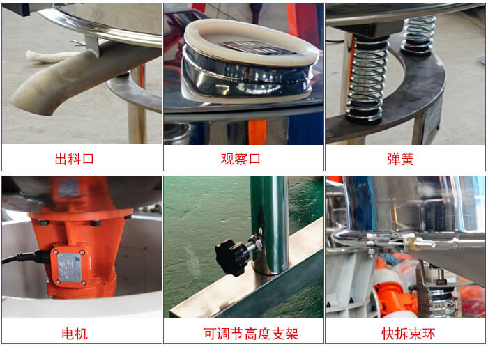 高頻篩細(xì)節(jié)展示：出料口，觀察口，彈簧，電機(jī)，可調(diào)節(jié)高度支架，快拆束環(huán)。